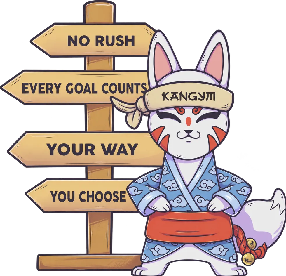 Kan Sensei by a finish-line post: no rush, your way.